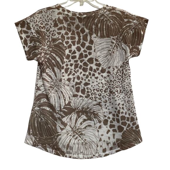 Olivia Moon Pullover High-low Blouse, Brown & White Print, Semi Sheer Size M - Picture 2 of 7